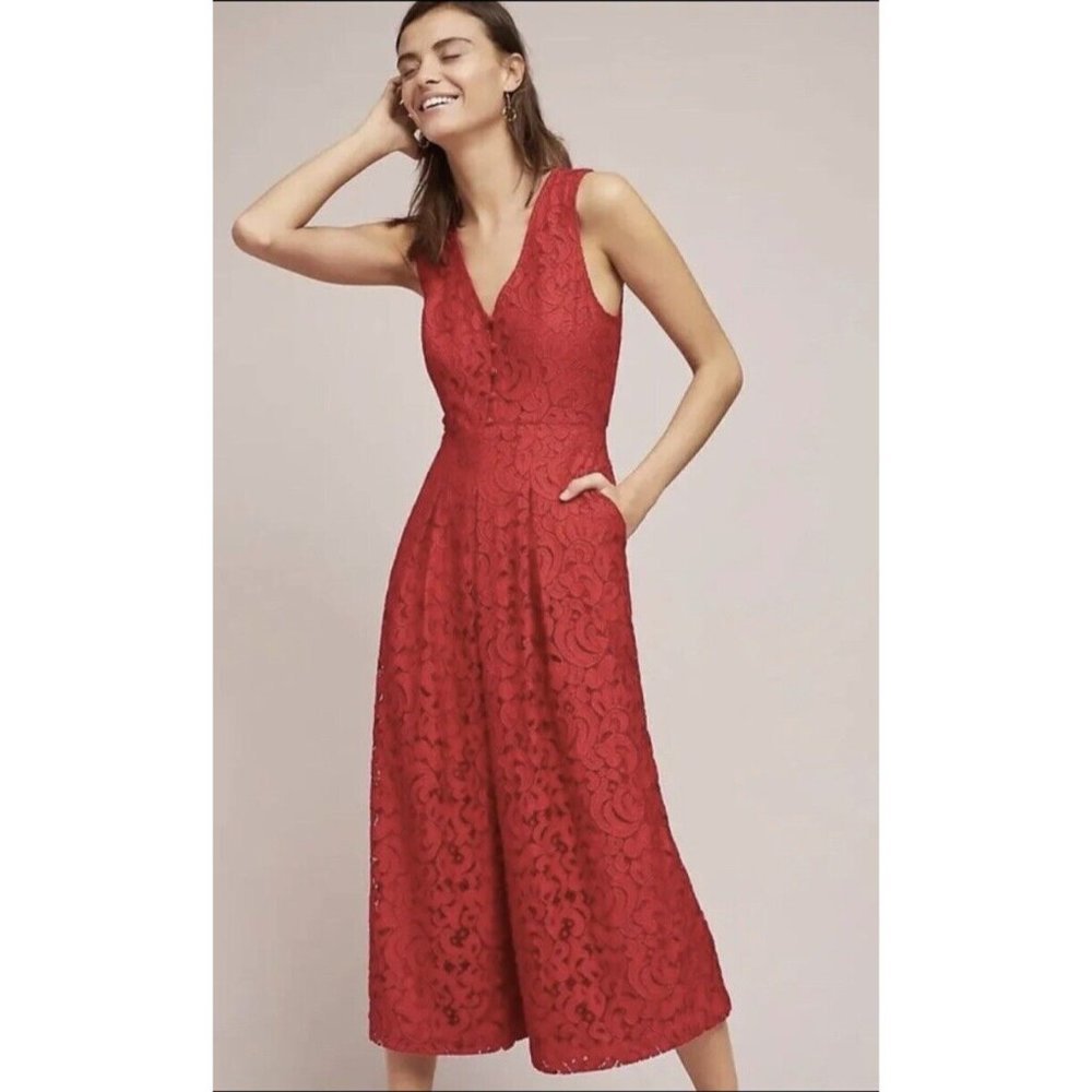 Anthropologie Red Lace Jumpsuit with Cropped Wide-Leg